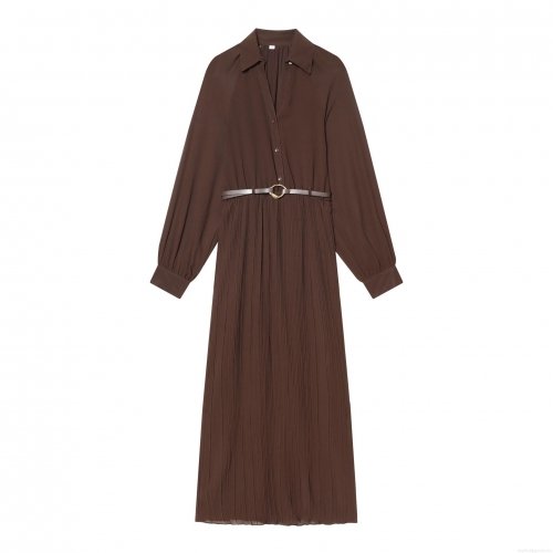 Women's Elegant Deep Brown Pleated Midi Dress With Metal Buckle Belt Long Sleeve Shirt Collar Polyester Chiffon Solid Color High Waist Dress For Party Office Lady