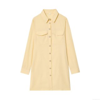 Women Fashion Solid Pale Yellow Long Sleeve Shirt Dress With Pearl Buttons And Double Pockets Casual Loose A-Line Midi Dress For Autumn Daily Office Wear