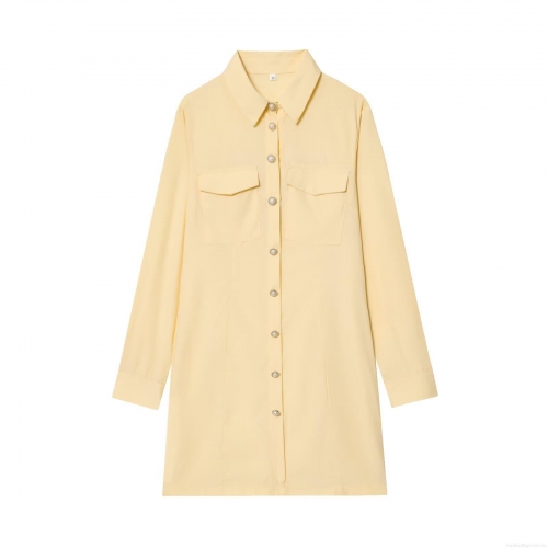 Women Fashion Solid Pale Yellow Long Sleeve Shirt Dress With Pearl Buttons And Double Pockets Casual Loose A-Line Midi Dress For Autumn Daily Office Wear