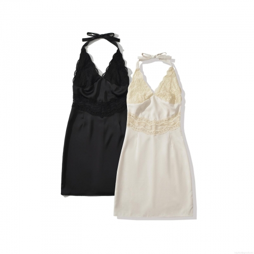 Women's Sexy Backless Lace Patchwork Halter Dress Sleeveless Satin Polyester Spandex Slim Fit Midi Dress With Bow Tie Party Clubwear Night Out A-Line Dress