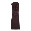 Women Sexy Ruched Midi Dress Cowl Neck Sleeveless Slim Fit Asymmetric Coffee Brown Cocktail Party Elegant Bodycon Dress For Date Night Nightclub
