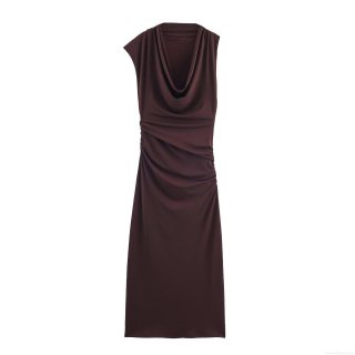Women Sexy Ruched Midi Dress Cowl Neck Sleeveless Slim Fit Asymmetric Coffee Brown Cocktail Party Elegant Bodycon Dress For Date Night Nightclub