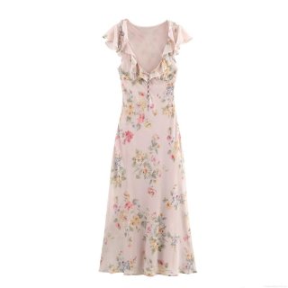 Women's Sexy V-Neck Floral Print Midi Dress Elegant Chiffon Ruffle Sleeveless Slim Fit High Waist Pink A-Line Party Dress For Wedding Dating