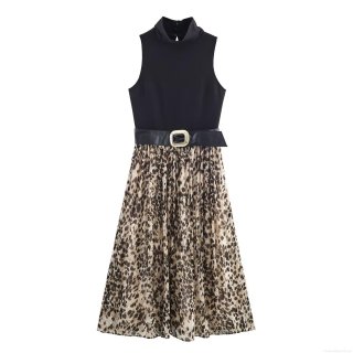 Women Sexy Sleeveless Stand Collar Patchwork Dress Leopard Print Pleated Midi Skirt With Gold Buckle Belt Elegant Evening Party A-Line Dress