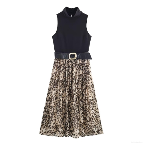Women Sexy Sleeveless Stand Collar Patchwork Dress Leopard Print Pleated Midi Skirt With Gold Buckle Belt Elegant Evening Party A-Line Dress