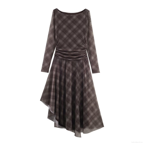Women's Elegant Plaid Mesh Midi Dress Long Sleeve Round Neck Ruched Asymmetric Hem A-Line Dress Casual Autumn Party Fashion Clothing
