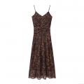 Women Sexy Leopard Print Midi Dress Adjustable Strap V-Neck Ruched Waist Backless Chiffon Polyester Spandex Slim Fit Sundress for Party