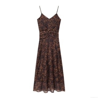 Women Sexy Leopard Print Midi Dress Adjustable Strap V-Neck Ruched Waist Backless Chiffon Polyester Spandex Slim Fit Sundress for Party