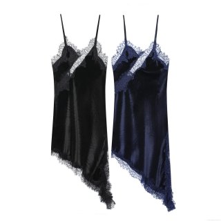 Women's Sexy Lace Velvet Sling Midi Dress Elegant V-Neck Asymmetric Hem Spaghetti Strap Party Nightgown Sleeveless Bodycon Dresses