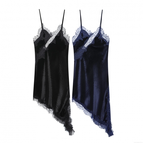 Women's Sexy Lace Velvet Sling Midi Dress Elegant V-Neck Asymmetric Hem Spaghetti Strap Party Nightgown Sleeveless Bodycon Dresses