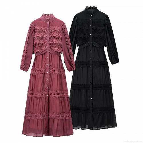 Elegant Women Long Sleeve Stand Collar Lace Splicing Dress Vintage Tiered Cake Skirt Midi Dress With Pearl Buttons For Party Wedding Evening Chic Polyester Dress