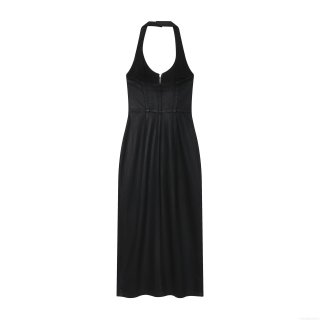 Women Black Halter Denim Bodycon Dress Coated Polyester Slim Fit Backless Midi Dress For Party Elegant Sleeveless Metallic Zipper Clubwear