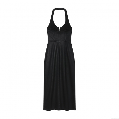 Women Black Halter Denim Bodycon Dress Coated Polyester Slim Fit Backless Midi Dress For Party Elegant Sleeveless Metallic Zipper Clubwear