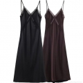 Women's Sexy V-Neck Lace Trim Satin Slip Dress Elegant Sleeveless Backless Maxi Dresses For Evening Party Club Nightwear