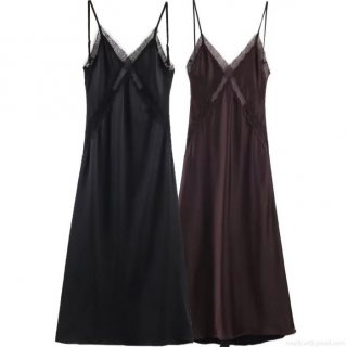 Women's Sexy V-Neck Lace Trim Satin Slip Dress Elegant Sleeveless Backless Maxi Dresses For Evening Party Club Nightwear