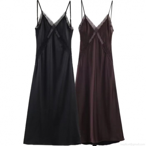 Women's Sexy V-Neck Lace Trim Satin Slip Dress Elegant Sleeveless Backless Maxi Dresses For Evening Party Club Nightwear