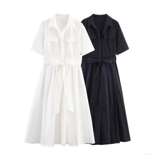 Women's Poplin Midi Shirt Dress Short Sleeve Lapel Collar Bow Tie Waistband Double Chest Pockets Button Down A-Line Casual Office Elegant Dress