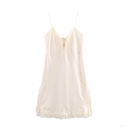 Women Sexy Satin Slip Dress Elegant Lace Patchwork V-Neck A-Line Sleeveless Midi Dress Chic Party Date Night Wear Cream White Pure Desire Style Dress