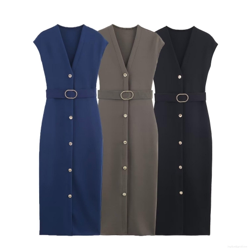 Women Sleeveless V-Neck Midi Dress Polyester Spandex With Metal Buttons Belted Slim Fit Button Up A-Line Dress Office Party Casual Fashion Lady Outfit