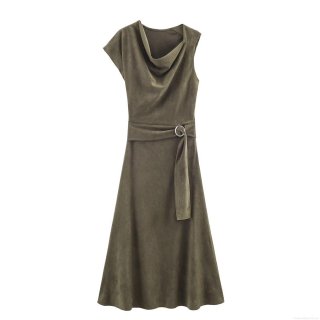 Women Asymmetric Suede Effect Dress Sleeveless Stacked Neck Midi Dress With Metal Buckle Belt Elegant Bodycon Party Outfits