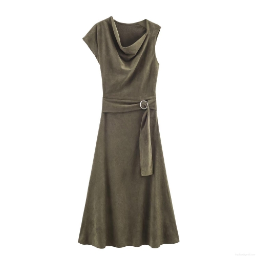 Women Asymmetric Suede Effect Dress Sleeveless Stacked Neck Midi Dress With Metal Buckle Belt Elegant Bodycon Party Outfits