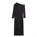 Sexy Black One Shoulder Long Sleeve Ruched Midi Dress Women Slim Fit Milk Silk Bodycon Elegant Party Evening Club Cocktail Dress