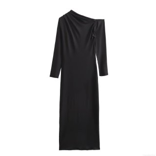 Sexy Black One Shoulder Long Sleeve Ruched Midi Dress Women Slim Fit Milk Silk Bodycon Elegant Party Evening Club Cocktail Dress