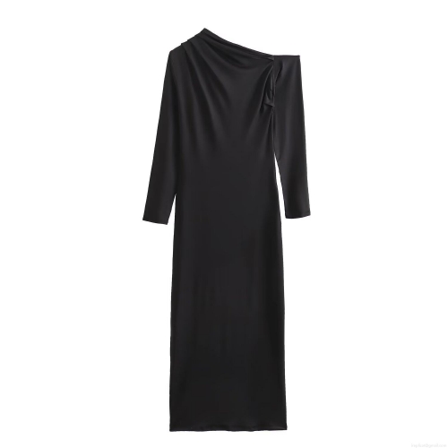 Sexy Black One Shoulder Long Sleeve Ruched Midi Dress Women Slim Fit Milk Silk Bodycon Elegant Party Evening Club Cocktail Dress