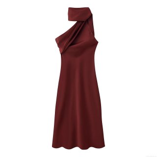 Women Sexy Wine Red Satin Midi Dress Asymmetric Scarf Neck Sleeveless Bow Pleated Elegant Evening Party Dress Socialite Celebrity Style Gown