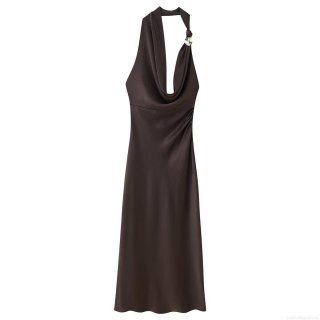 Women Halter Neck Midi Dress Sexy Asymmetrical Ruched Satin Polyester Dress With Metal Ring Drape Neck Sleeveless Slim Fit Party Evening Cocktail Clubwear Elegant Chic