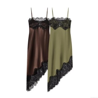 Women's Sexy Satin Lace Asymmetric Slip Dress Elegant Spaghetti Strap V-Neck Bodycon Midi Dress For Party Club Evening Wear