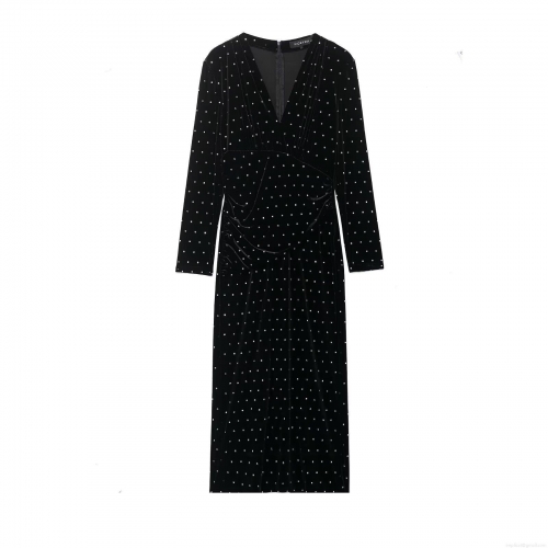 Elegant Women Velvet Long Sleeve V-Neck Midi Dress With Rhinestone Studded Decoration Slim Fit Evening Party Club Bodycon Dress