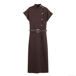 Elegant Women's Stand Collar Midi Dress With Animal Print Belt Shoulder Metal Buttons Slim Fit Short Sleeve Solid Coffee Polyester Spandex Dress For Office Party Daily