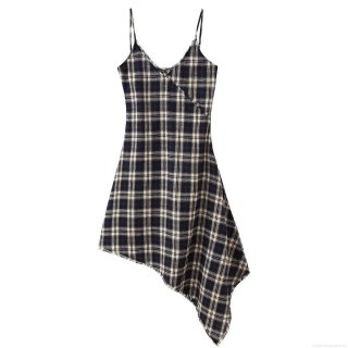 Sexy Women Plaid Asymmetric Hem Cami Midi Dress V-Neck Sleeveless Fringed Bodycon Plaid Dress For Party Vacation Daily Fashion Outfits