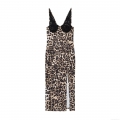Sexy Leopard Print Midi Cami Dress With Black Lace Stitching V-Neck Slim Fit Side Slit Sleeveless Back Zipper Evening Party Clubwear Slip Dress For Women