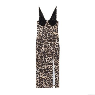 Sexy Leopard Print Midi Cami Dress With Black Lace Stitching V-Neck Slim Fit Side Slit Sleeveless Back Zipper Evening Party Clubwear Slip Dress For Women