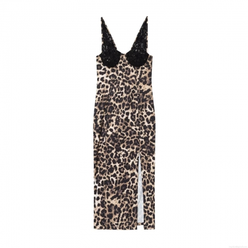 Sexy Leopard Print Midi Cami Dress With Black Lace Stitching V-Neck Slim Fit Side Slit Sleeveless Back Zipper Evening Party Clubwear Slip Dress For Women
