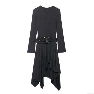 Women Casual Long Sleeve Asymmetrical Midi Dress With Belt Elastic Polyester Spandex Blend Knit Crew Neck Dress Solid Color Fall Winter Fashion