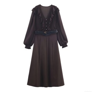 Elegant V-Neck Long Lantern Sleeve Midi Dress For Women Winter Fashion Ruffle Patchwork Polyester Spandex Dress With Belt Commuter Style
