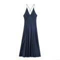 Women Sexy Backless Satin Midi Dress Navy Blue V Neck Cross Spaghetti Strap Sleek Glossy Formal Night Out Clubwear Celebrity Style Elegant Prom Dress