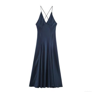 Women Sexy Backless Satin Midi Dress Navy Blue V Neck Cross Spaghetti Strap Sleek Glossy Formal Night Out Clubwear Celebrity Style Elegant Prom Dress