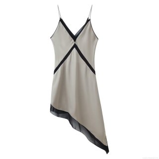 Sexy Satin Asymmetric Midi Dress With Lace Stitching V-Neck Backless Cami Dress For Women Fashionable Sleeveless Party Dating Dress