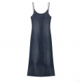 Women Sexy Washed Denim Camisole Dress Slim Fit U-Neck Distressed Midi Length Jean Dress For Party Clubwear Vintage Blue Sundress Sleeveless