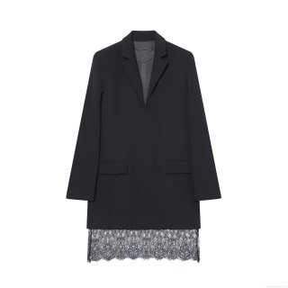 Elegant Black Long Sleeve Blazer Dress With Lace Hem Patchwork Notch Lapel Single Breasted Midi Dress For Women Office Lady Workwear Party Dress