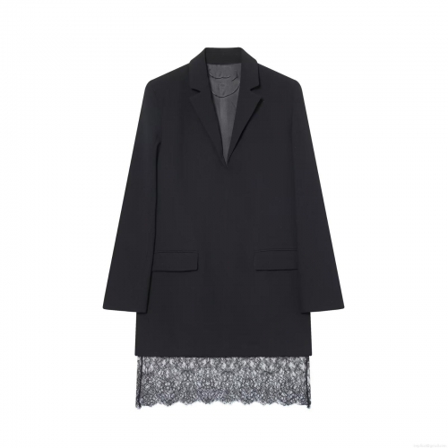 Elegant Black Long Sleeve Blazer Dress With Lace Hem Patchwork Notch Lapel Single Breasted Midi Dress For Women Office Lady Workwear Party Dress