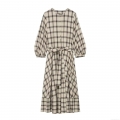 Retro Plaid Midi Dress For Women Casual Elastic Polyester Spandex Shirt Dress With Lantern Sleeve And Tie Waist Long Sleeve Button Down A-Line Dress