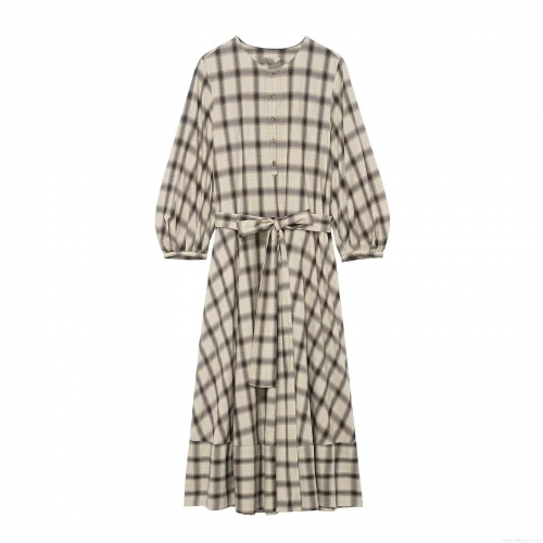 Retro Plaid Midi Dress For Women Casual Elastic Polyester Spandex Shirt Dress With Lantern Sleeve And Tie Waist Long Sleeve Button Down A-Line Dress