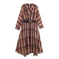 Vintage Brown Plaid Midi Dress For Women Long Sleeve Pleated A-Line Vacation Dress With Black Waist Belt Retro Elegant Casual Long Sleeve Dresses