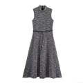 Women's Elegant Tweed Sleeveless Midi Dress With Belt Stand Collar Slim Fit Polyester Blend A-Line Dress For Office Party Casual Winter Fashion