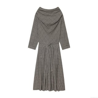 Women's Houndstooth Plaid Long Sleeve Cowl Neck Midi Dress With Back Bow Tie And Belt High Waist Wide Pleated Winter Casual Daily Splicing Dress For Ladies